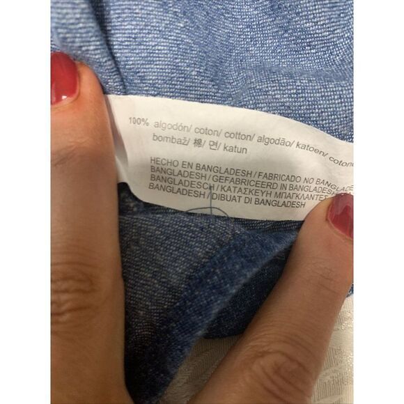 zara womens solid blue denim jean long sleeve button down top medium - Picture 4 of 4